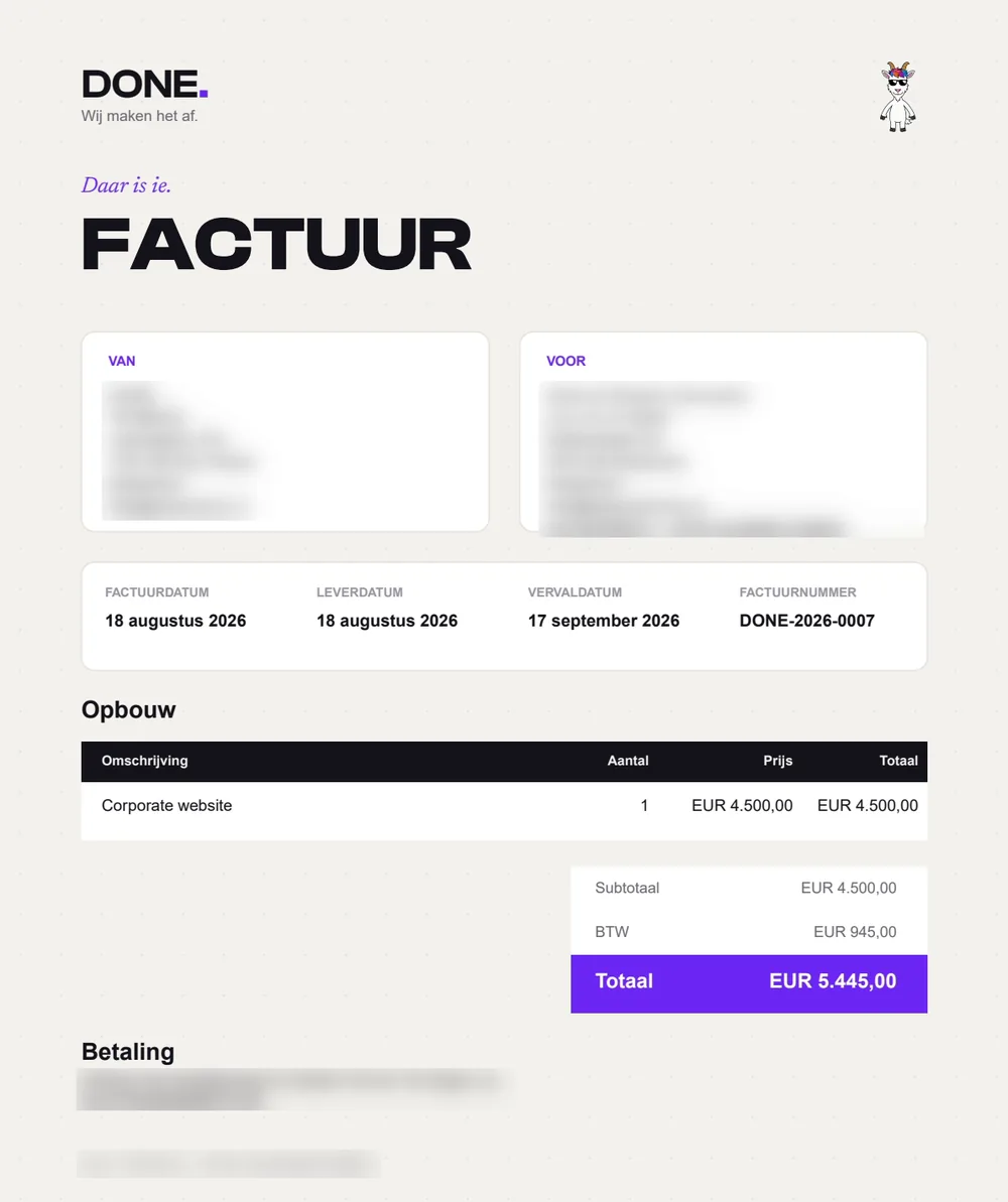 Echte factuur voor een corporate website: €5.445 inclusief btw (klantgegevens geblurd)